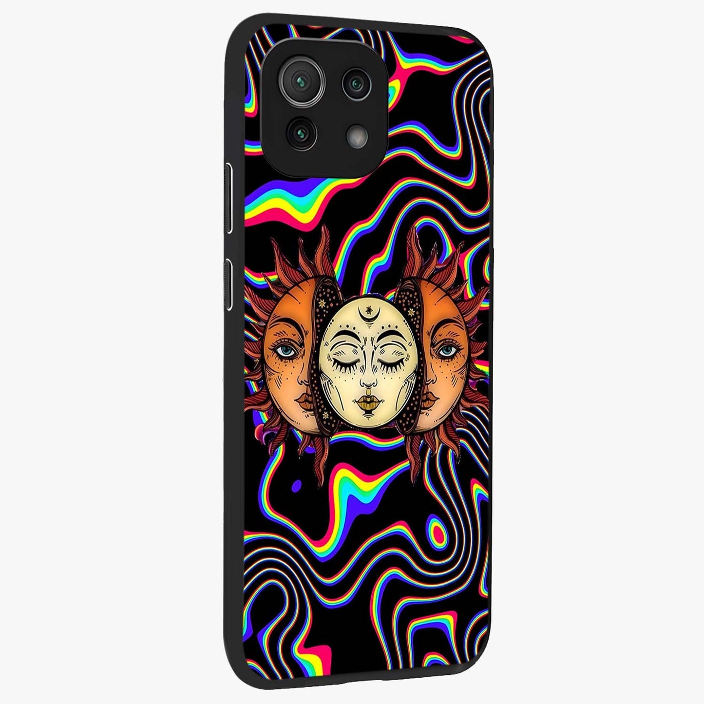 Psychedelic Sun Glass Case upright view showcasing trippy sun artwork with bold psychedelic theme.