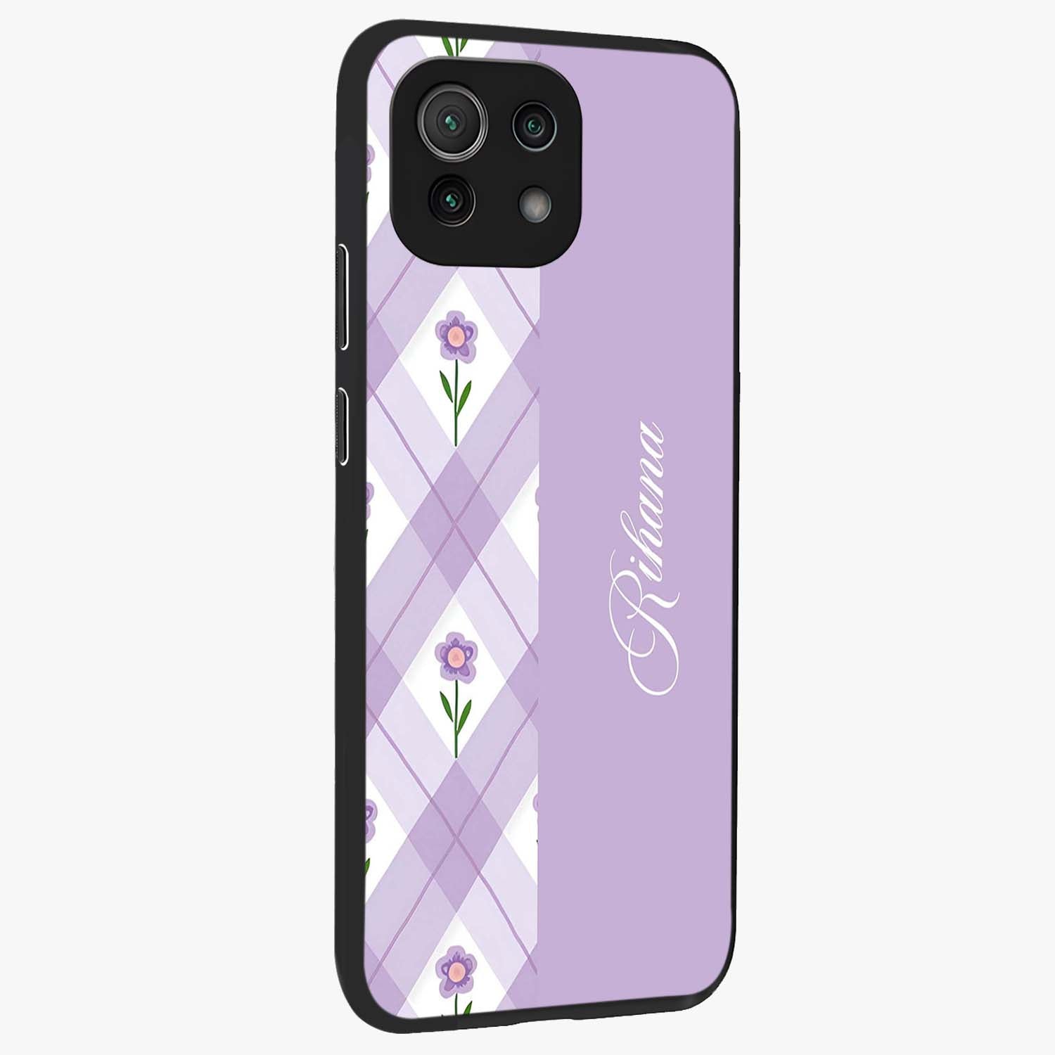 Purple Diamond Floral Glass Case upright view showcasing vibrant floral artwork with stylish geometric theme.