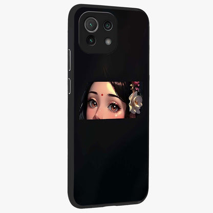 Radha Divine Embrace Glass Case upright view showcasing sacred Radha themed artwork with peaceful devotional style.