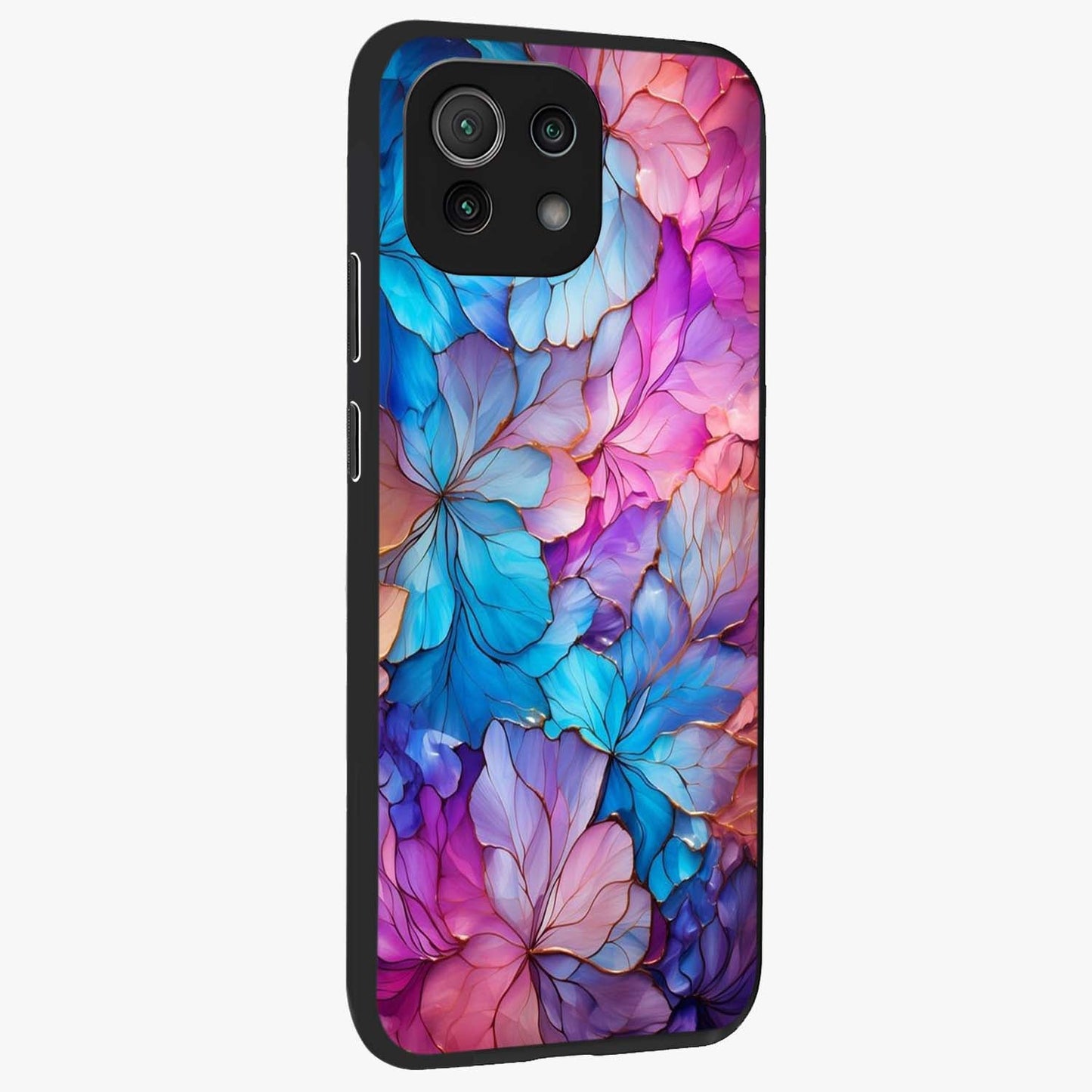 Radiant Floral Whirl Glass Case upright view showcasing lively floral artwork with decorative swirl theme.