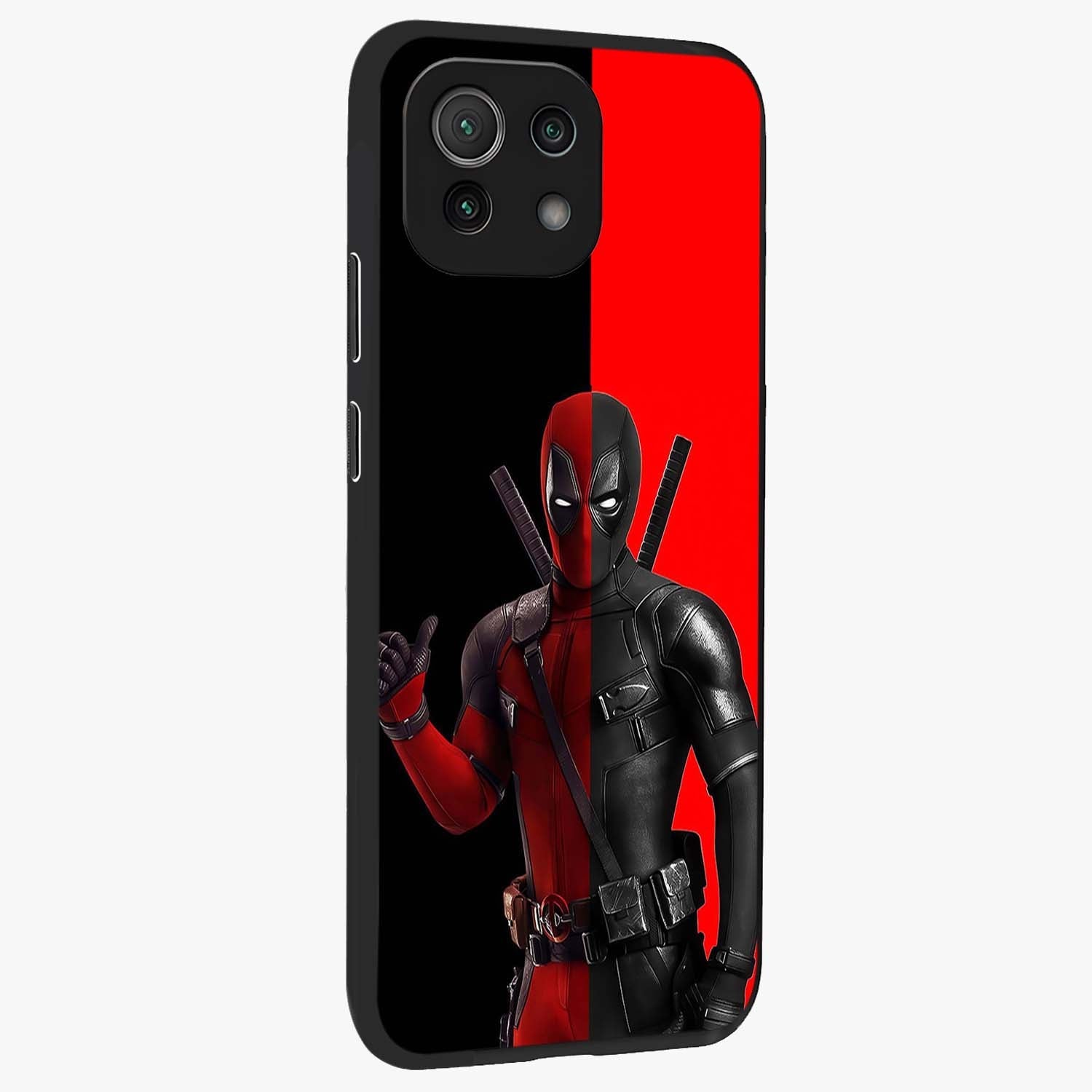 Red & Black Deadpool Theme Glass Case upright view showcasing energetic comic themed artwork with striking red and black design.