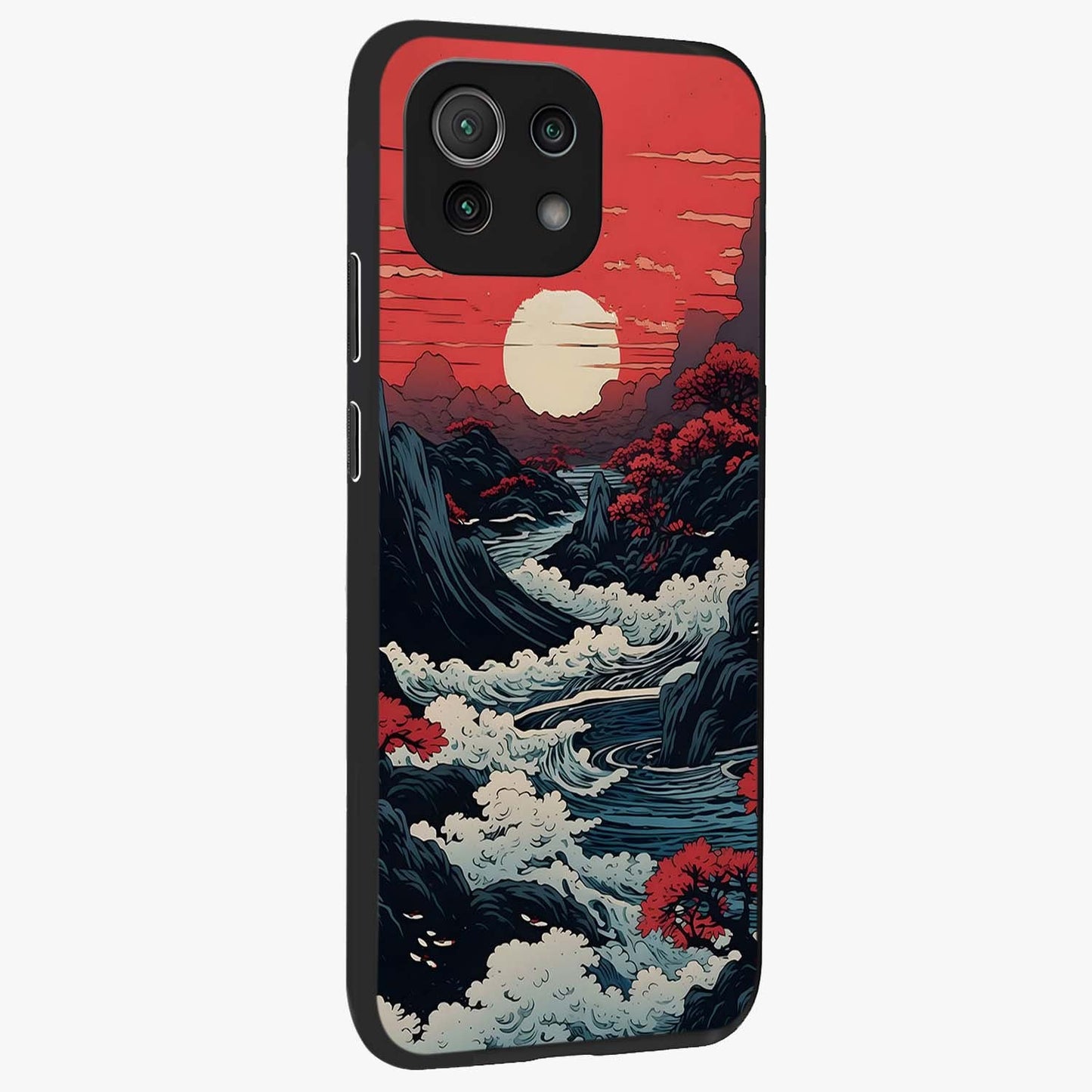 Red Sunset Scenery Glass Case upright view showcasing dramatic sunset scenery artwork with warm nature theme.