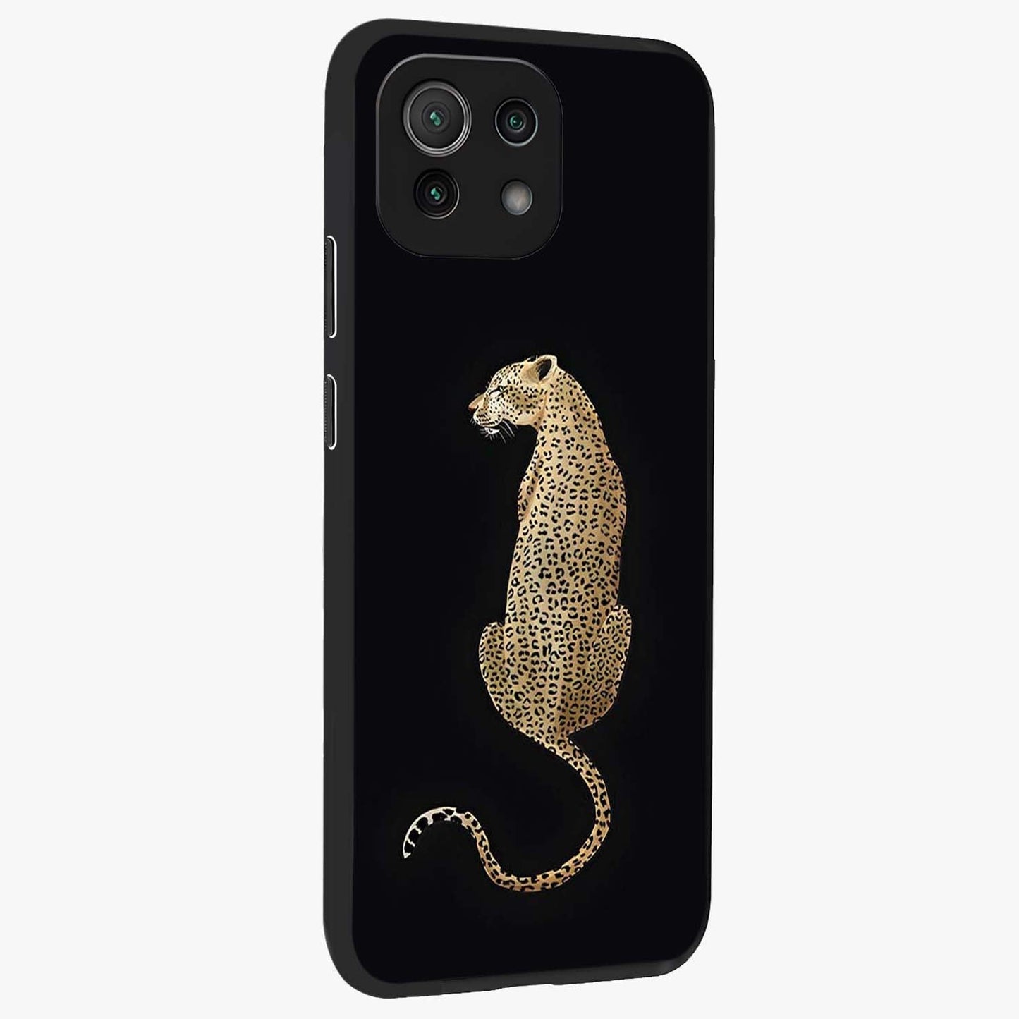 Regal Leopard Glass Case upright view showcasing striking leopard artwork with fierce wildlife theme.