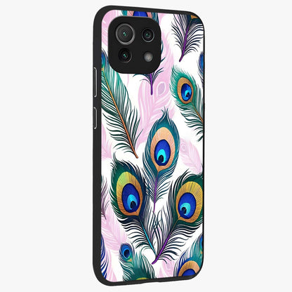 Royal Peacock Feathers Glass Case upright view showcasing elegant peacock feather artwork with decorative royal theme.