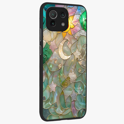 Stained Sunrise Glow Glass Case upright view showcasing colorful sunrise artwork with warm morning theme.