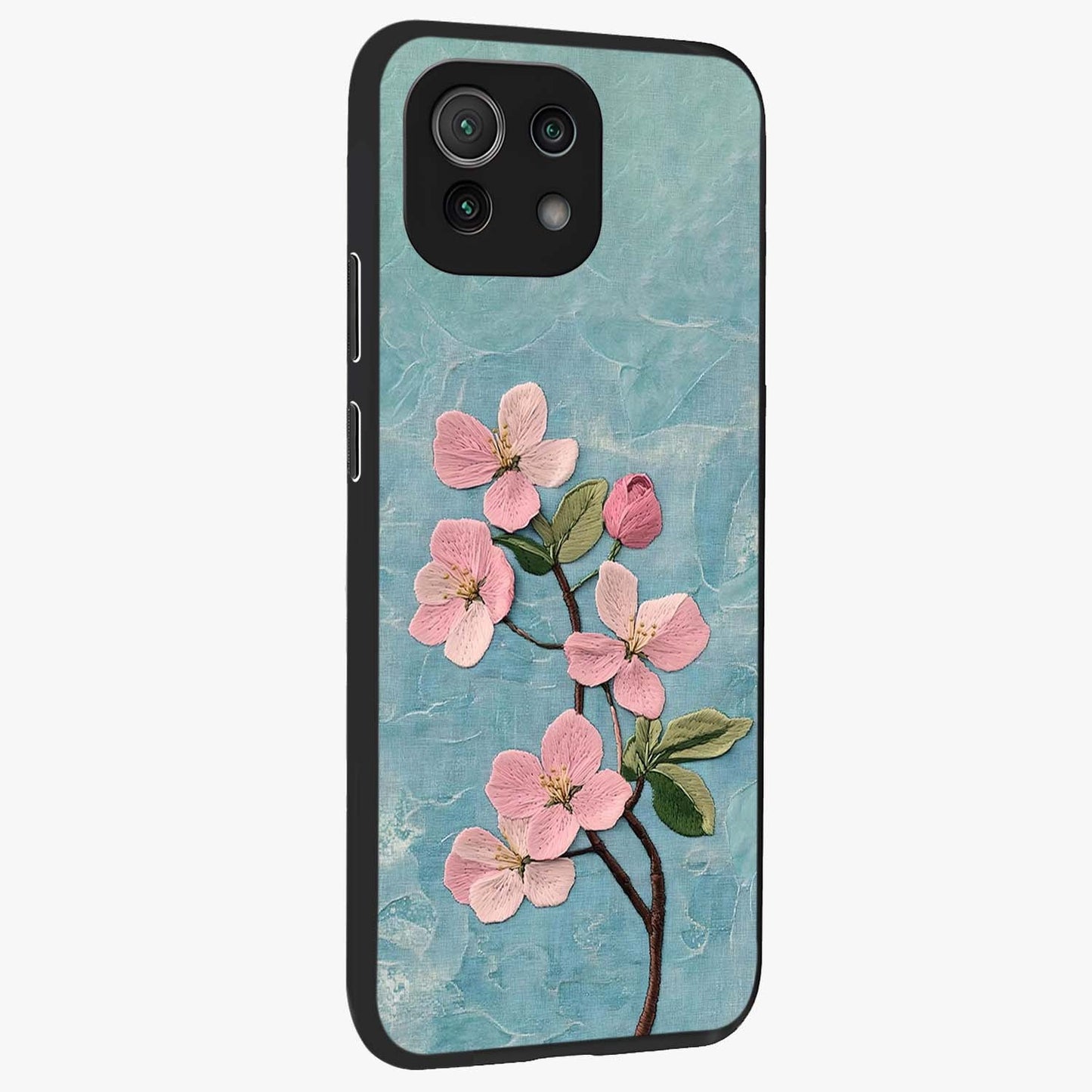 Threaded Blossom Breeze Glass Case upright view showcasing graceful flower artwork with calm botanical theme.