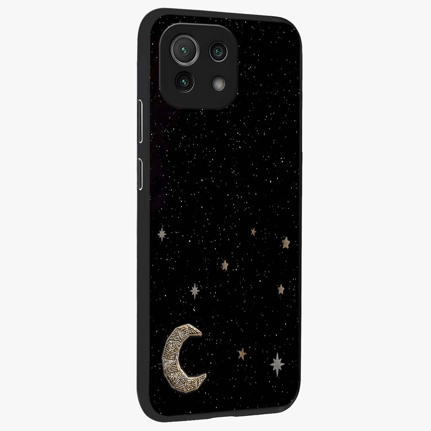 Twinkle Star With Half Moon Glass Case upright view showcasing glowing cosmic artwork with dreamy night theme.