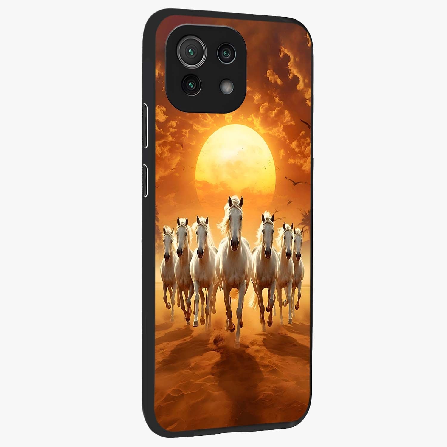 Wild Sunset Majesty Glass Case upright view showcasing dramatic sunset artwork with bold nature theme.