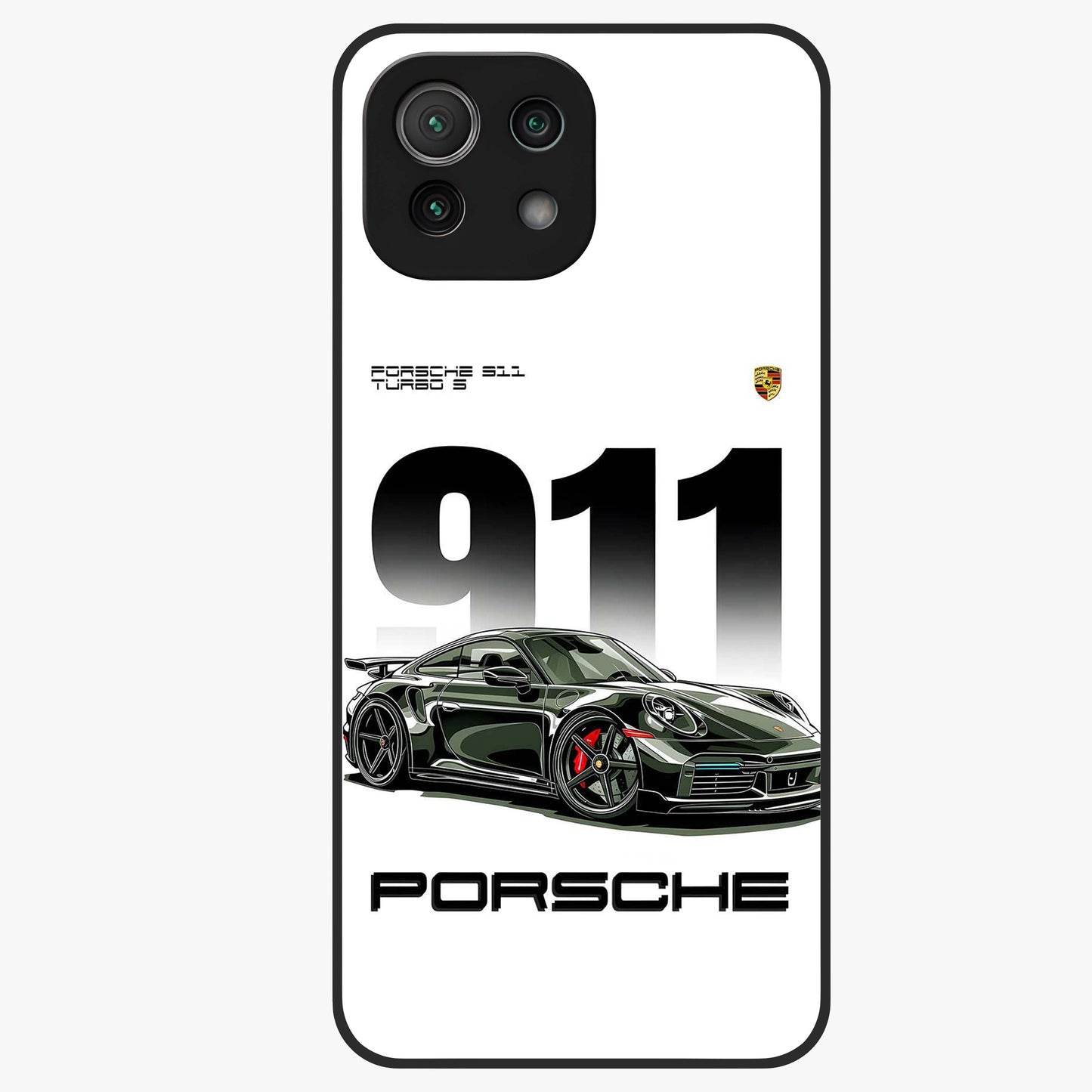 911 Turbo Dominance Glass Case showing clean flat back view with bold 911 sports car artwork and glossy glass finish.