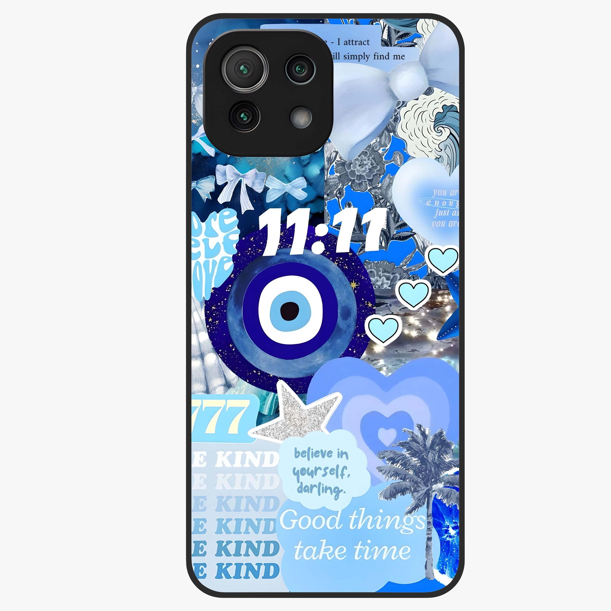 Aesthetic Be Kind Eye Glass Case showing flat back view with motivational eye artwork and glossy glass finish.