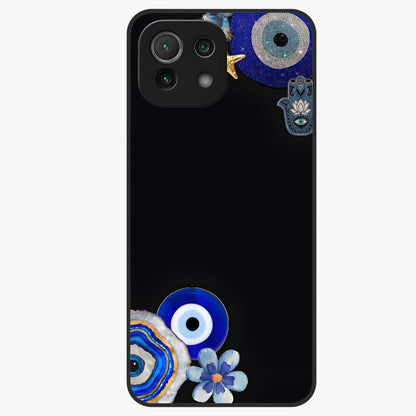 Aesthetic Blue Evil Eye Glass Case showing flat back view with protective evil eye artwork and glossy glass finish.