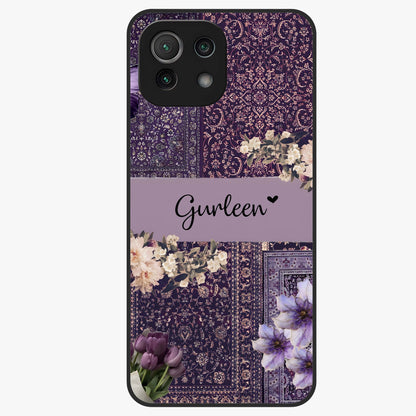 Antique Floral Whisper Custom Name Glass Case showing flat back view with vintage floral artwork and personalized name design.