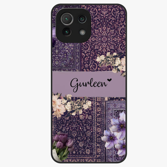 Antique Floral Whisper Custom Name Glass Case showing flat back view with vintage floral artwork and personalized name design.