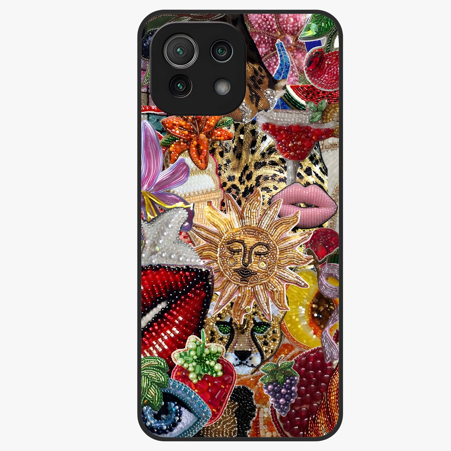 Beaded Fashion Jungle Glass Case showing flat back view with vibrant jungle inspired bead artwork and glossy glass finish.