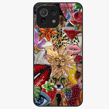 Beaded Fashion Jungle Glass Case showing flat back view with vibrant jungle inspired bead artwork and glossy glass finish.