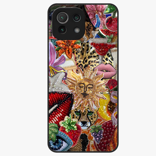 Beaded Fashion Jungle Glass Case showing flat back view with vibrant jungle inspired bead artwork and glossy glass finish.