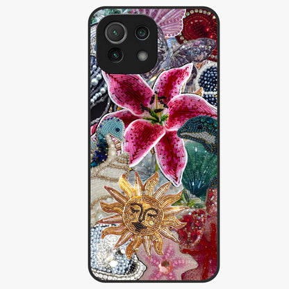 Beaded Garden Fantasy Glass Case showing flat back view with dreamy garden bead artwork and glossy glass finish.