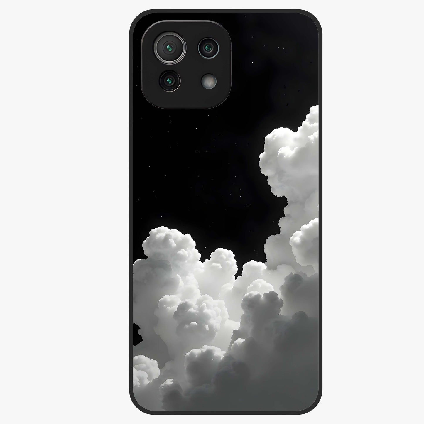 Black Background With White Cloud Glass Case showing flat back view with minimal cloud artwork on dark background and glossy glass finish.