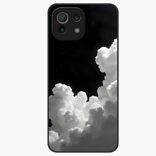 Black Background With White Cloud Glass Case showing flat back view with minimal cloud artwork on dark background and glossy glass finish.