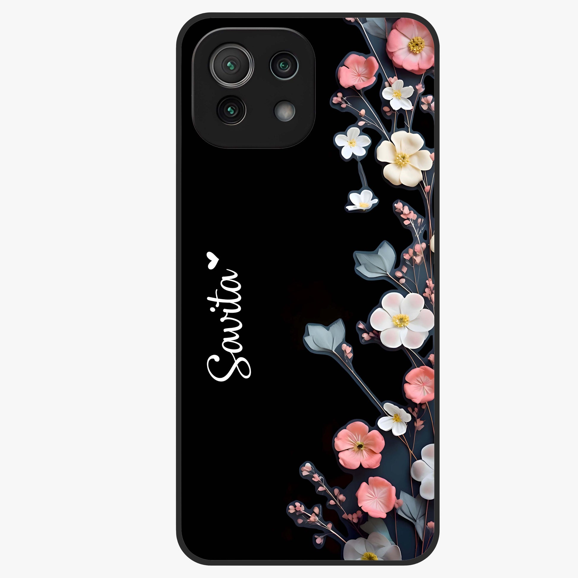 Black Elegance Floral Custom Name Glass Case showing flat back view with elegant floral artwork and personalized name design.