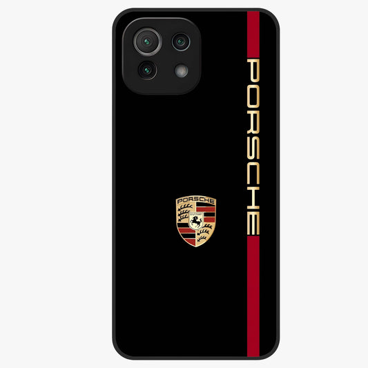 Black Minimal Porsche Glass Case showing flat back view with sleek minimal sports car artwork and glossy glass finish.