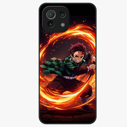 Blazing Sword Resolve Glass Case showing flat back view with fiery sword artwork and glossy glass finish.