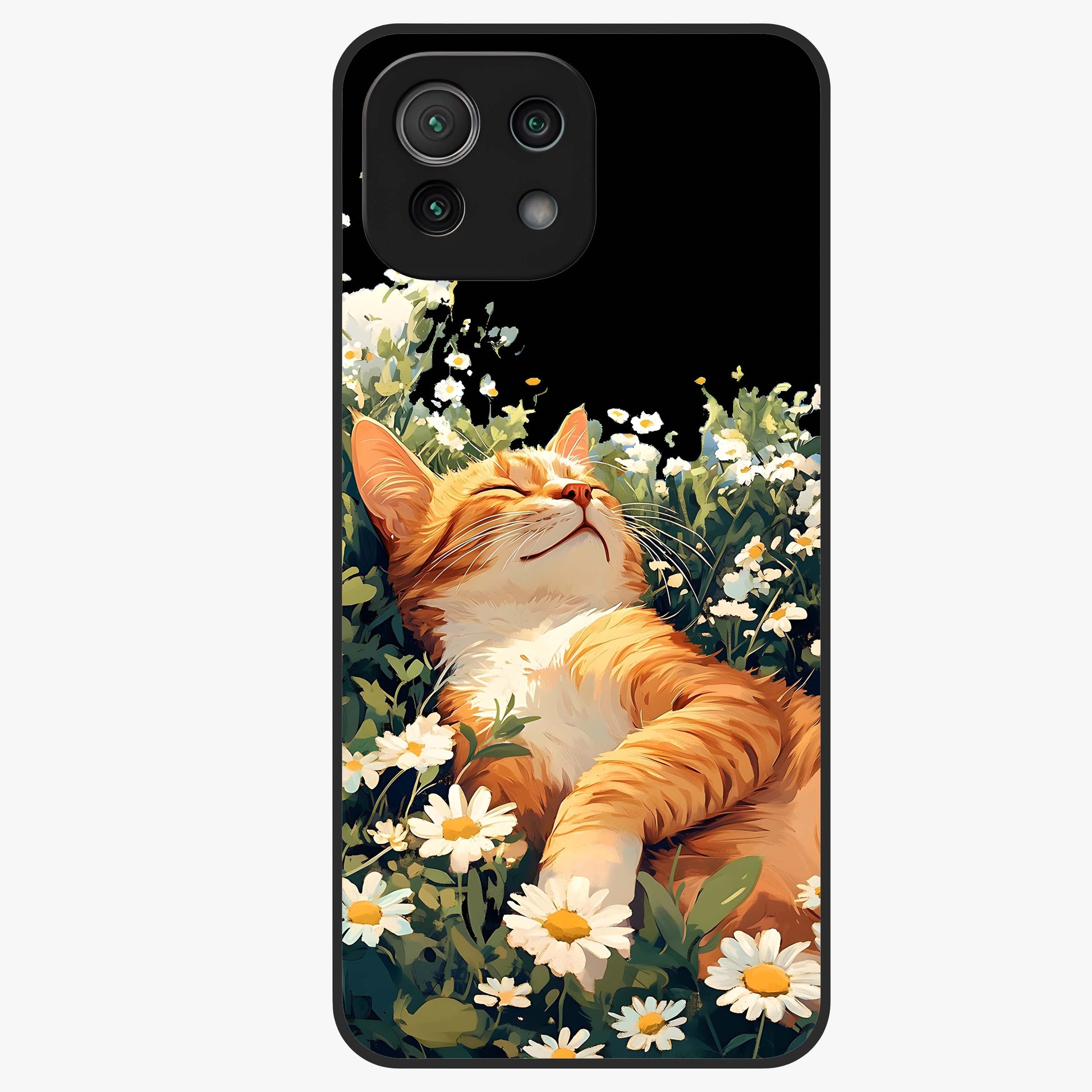 Blissful Bloom Cat Glass Case showing flat back view with cute cat and floral bloom artwork and glossy glass finish.