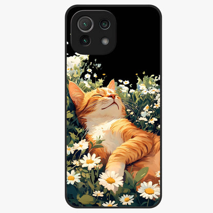 Blissful Bloom Cat Glass Case showing flat back view with cute cat and floral bloom artwork and glossy glass finish.