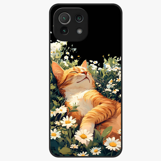 Blissful Bloom Cat Glass Case showing flat back view with cute cat and floral bloom artwork and glossy glass finish.