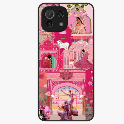 Blossoms of Rajasthan Glass Case showing flat back view with traditional floral artwork inspired by Rajasthan and glossy glass finish.
