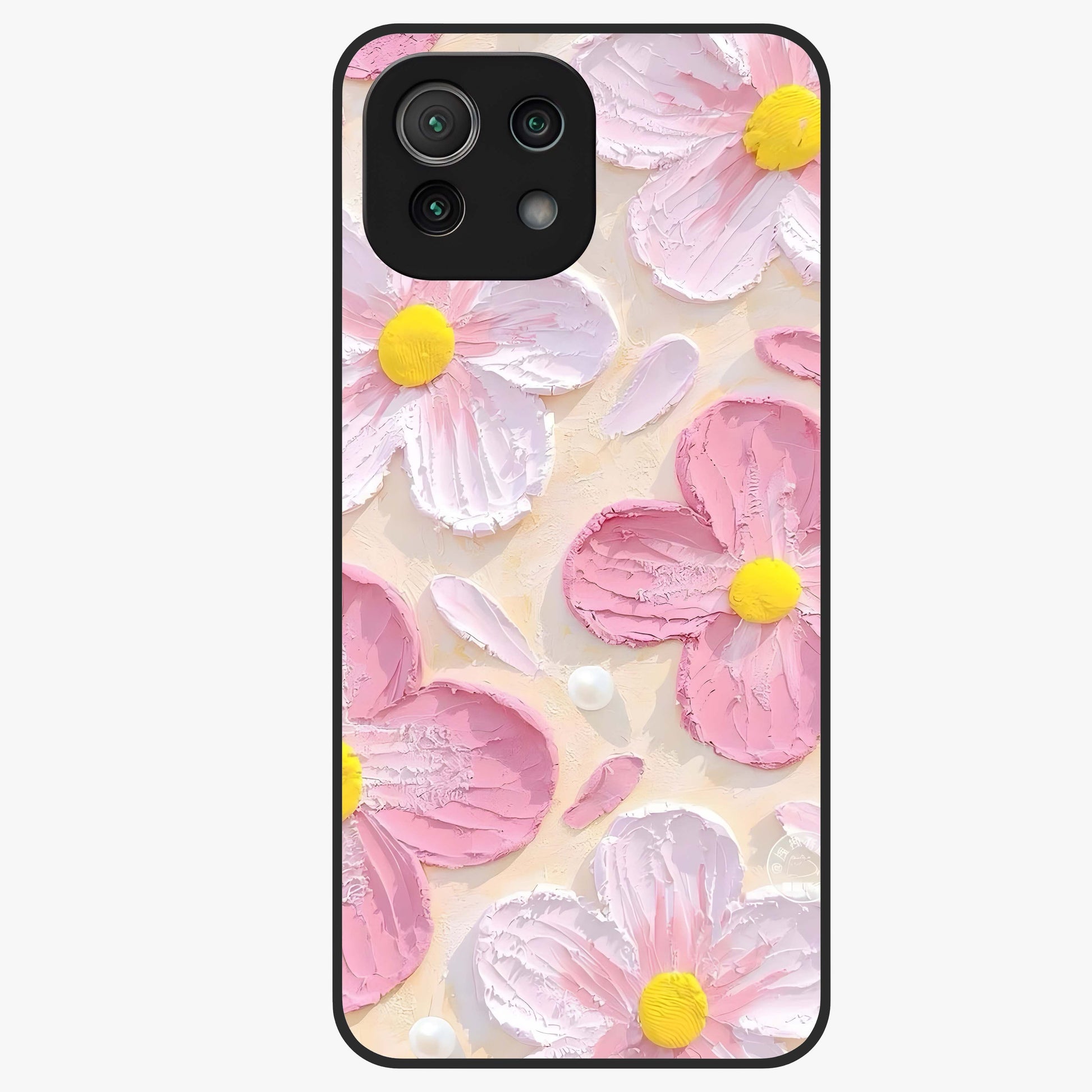 Blush Bloom Texture Glass Case showing flat back view with soft blush floral texture artwork and glossy glass finish.