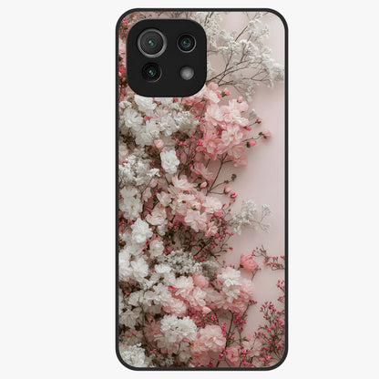 Blush Blossom Cloud Glass Case showing flat back view with dreamy blush cloud blossom artwork and glossy glass finish.