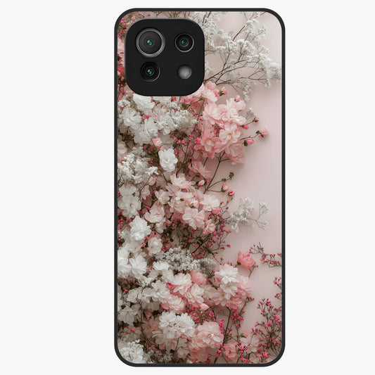 Blush Blossom Cloud Glass Case showing flat back view with dreamy blush cloud blossom artwork and glossy glass finish.