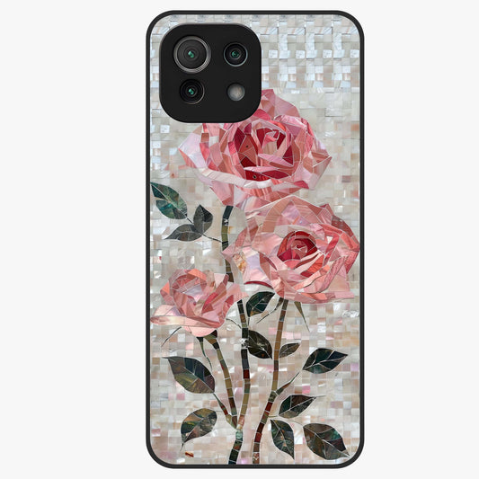 Blush Mosaic Bloom Glass Case showing flat back view with mosaic floral bloom artwork and glossy glass finish.