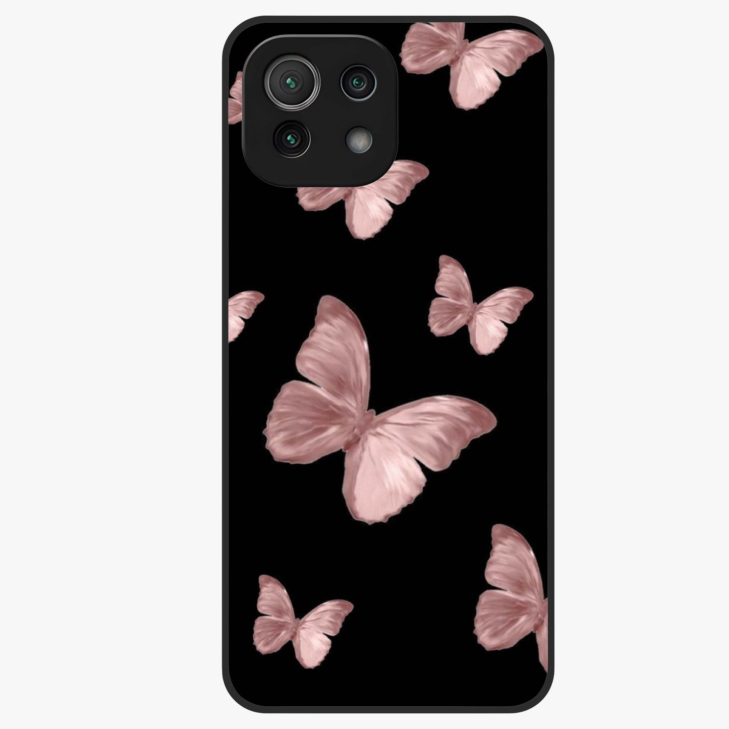 Butterfly Pattern Glass Case showing flat back view with elegant butterfly pattern artwork and glossy glass finish.