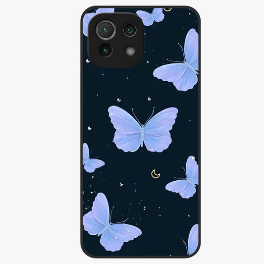 Butterfly With Stars Pattern Glass Case showing flat back view with butterfly and star pattern artwork and glossy glass finish.