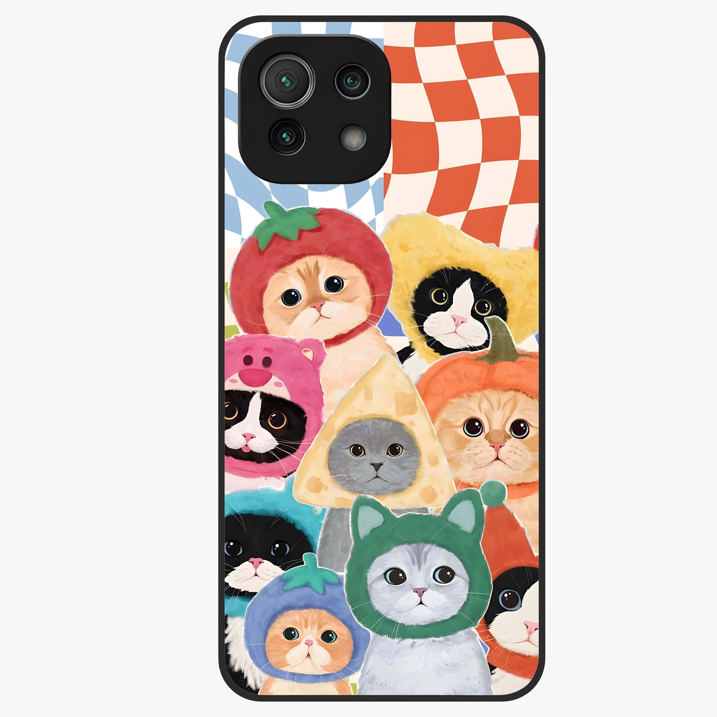 Cats in Fruits Glass Case showing flat back view with playful cat illustrations inside fruit artwork and glossy glass finish.