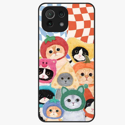Cats in Fruits Glass Case showing flat back view with playful cat illustrations inside fruit artwork and glossy glass finish.