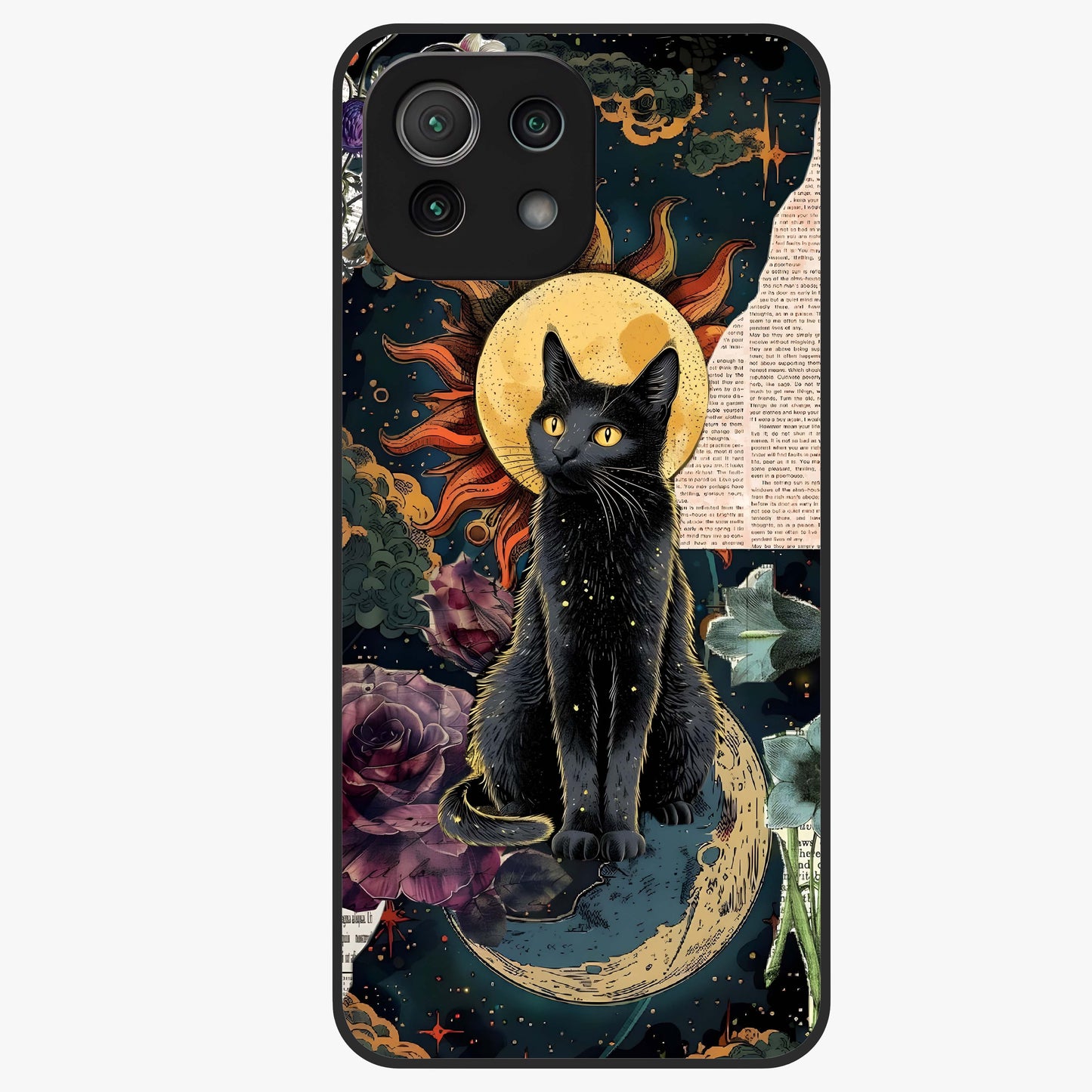 Celestial Black Cat Glass Case showing flat back view with mystical black cat artwork and glossy glass finish.