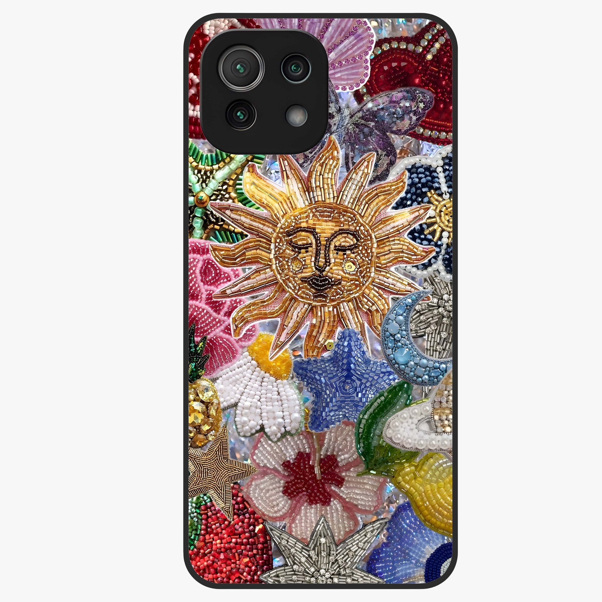 Celestial Floral and Playful Glass Case showing flat back view with floral and celestial themed artwork and glossy glass finish.