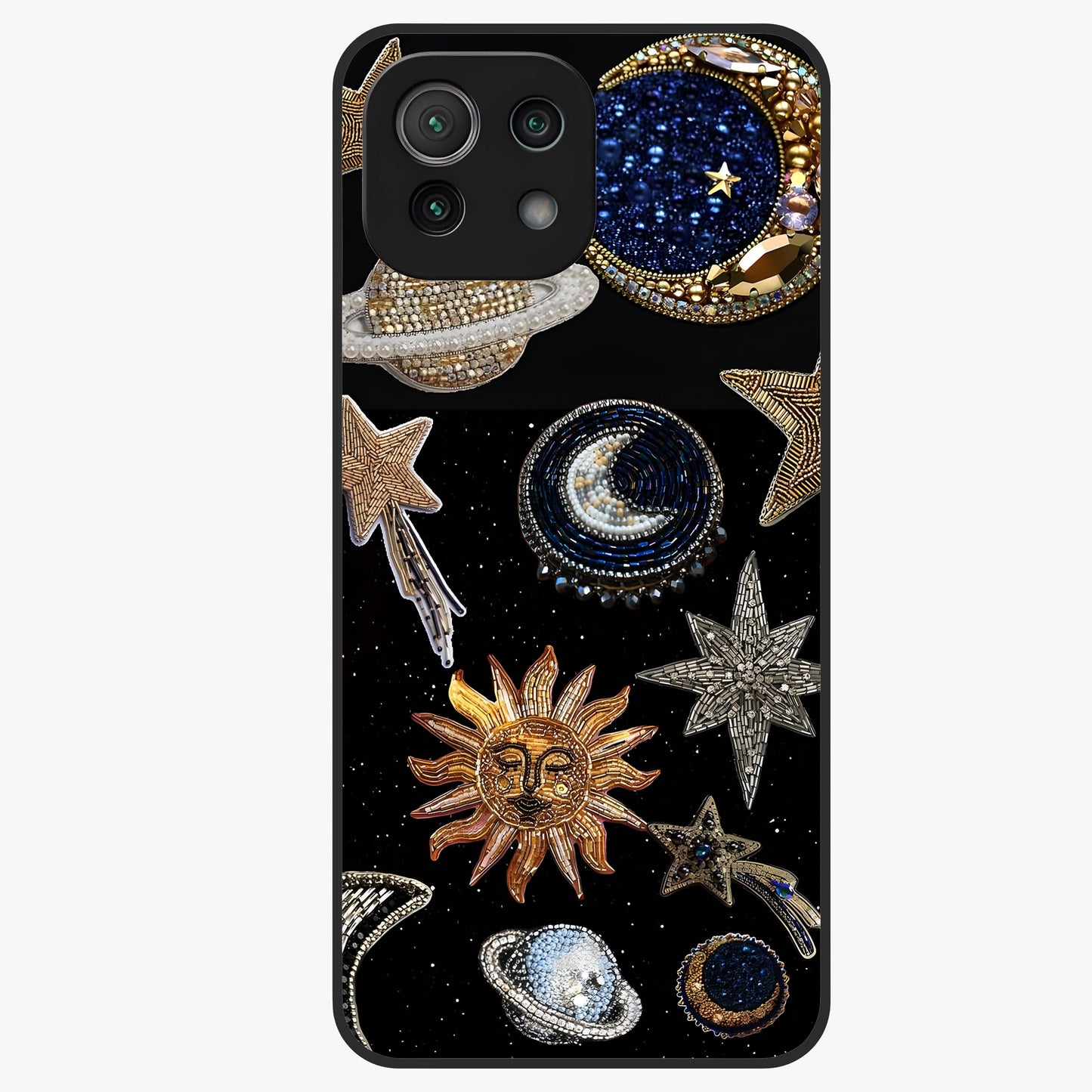 Celestial Gem Constellations Glass Case showing flat back view with sparkling constellation artwork and glossy glass finish.