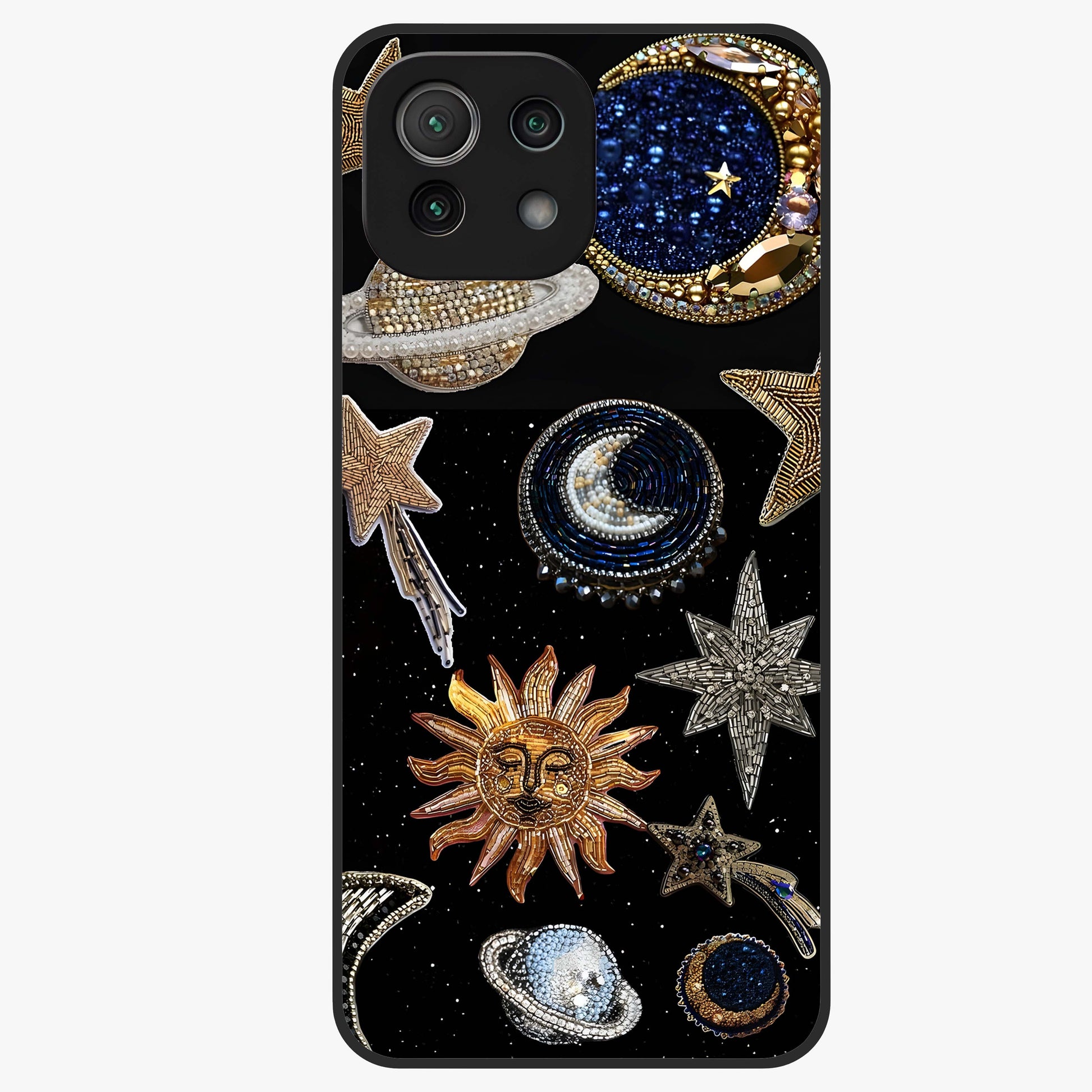 Celestial Gem Constellations Glass Case showing flat back view with sparkling constellation artwork and glossy glass finish.