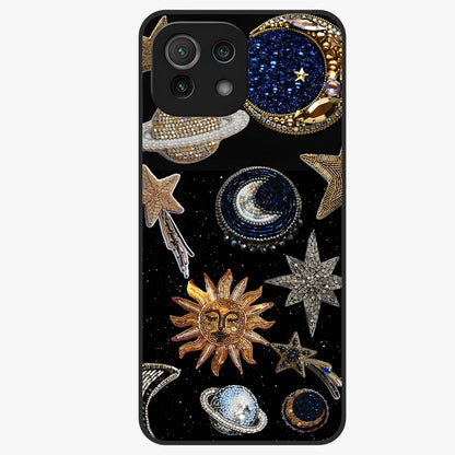 Celestial Gem Constellations Glass Case showing flat back view with sparkling constellation artwork and glossy glass finish.