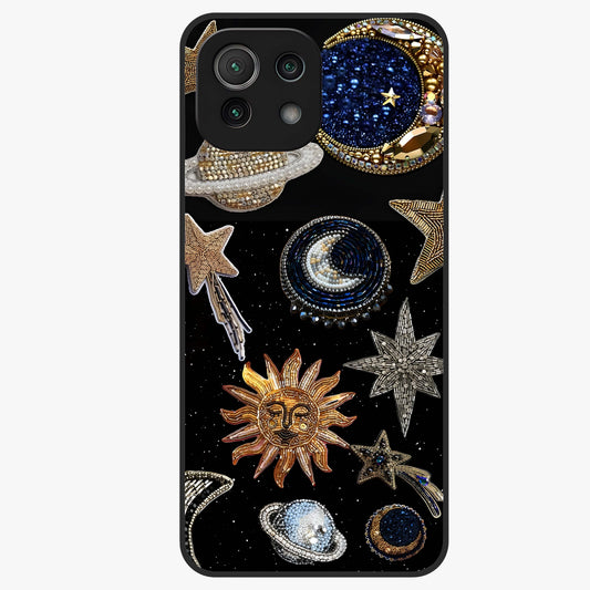 Celestial Gem Constellations Glass Case showing flat back view with sparkling constellation artwork and glossy glass finish.