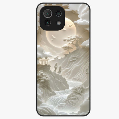 Celestial Origami Glass Case showing flat back view with artistic origami inspired celestial artwork and glossy glass finish.