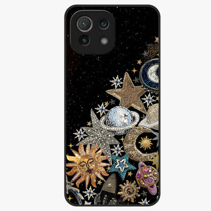 Cosmic Sparkle Dreams Glass Case showing flat back view with sparkling cosmic artwork and glossy glass finish.