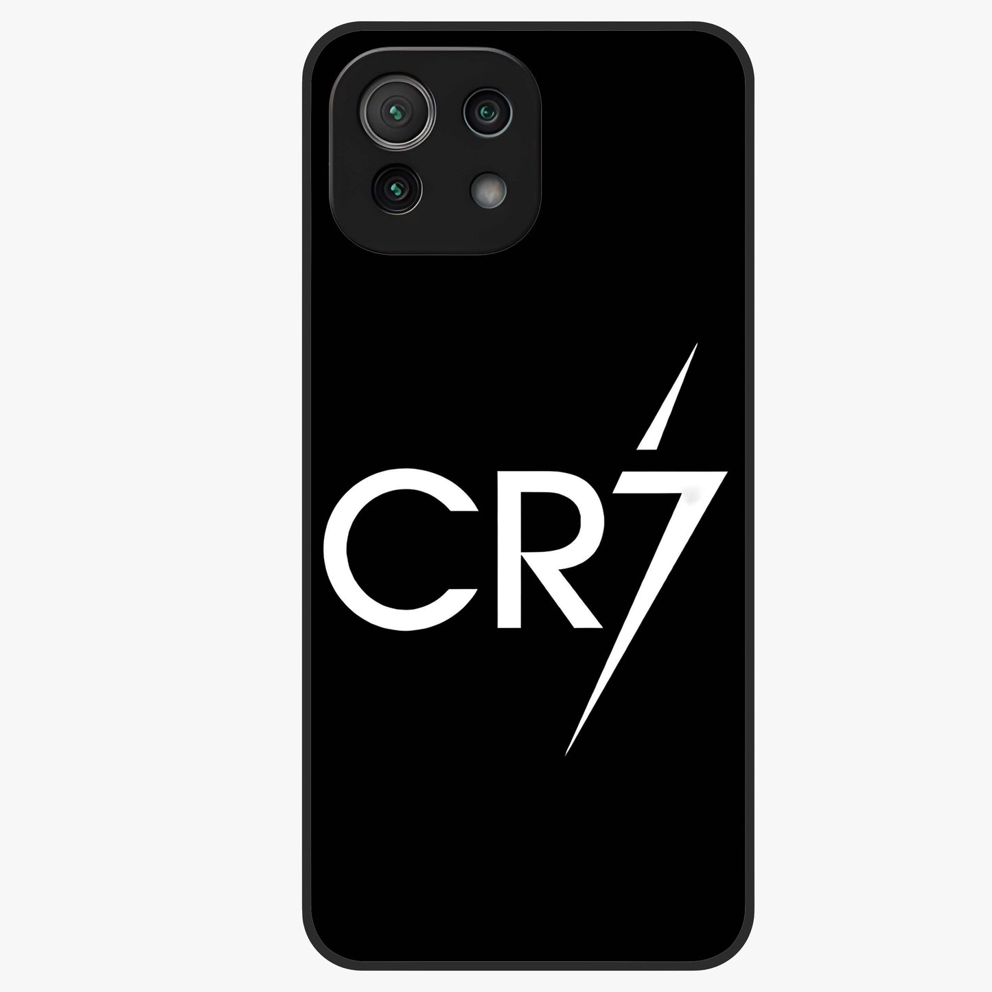 Cr7 Elite Strike Glass Case showing flat back view with dynamic football inspired artwork and glossy glass finish.
