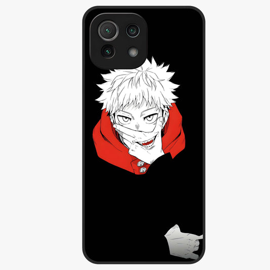 Crimson Chaos Smile Glass Case showing flat back view with bold chaotic smile artwork and glossy glass finish.