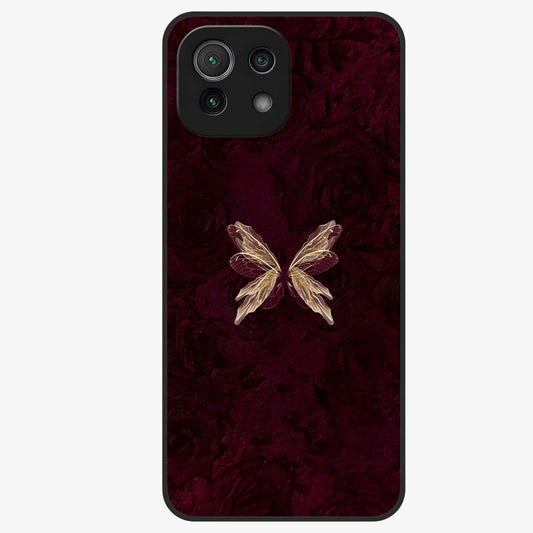 Crimson Fade Butterfly Glass Case showing flat back view with fading butterfly artwork and glossy glass finish.