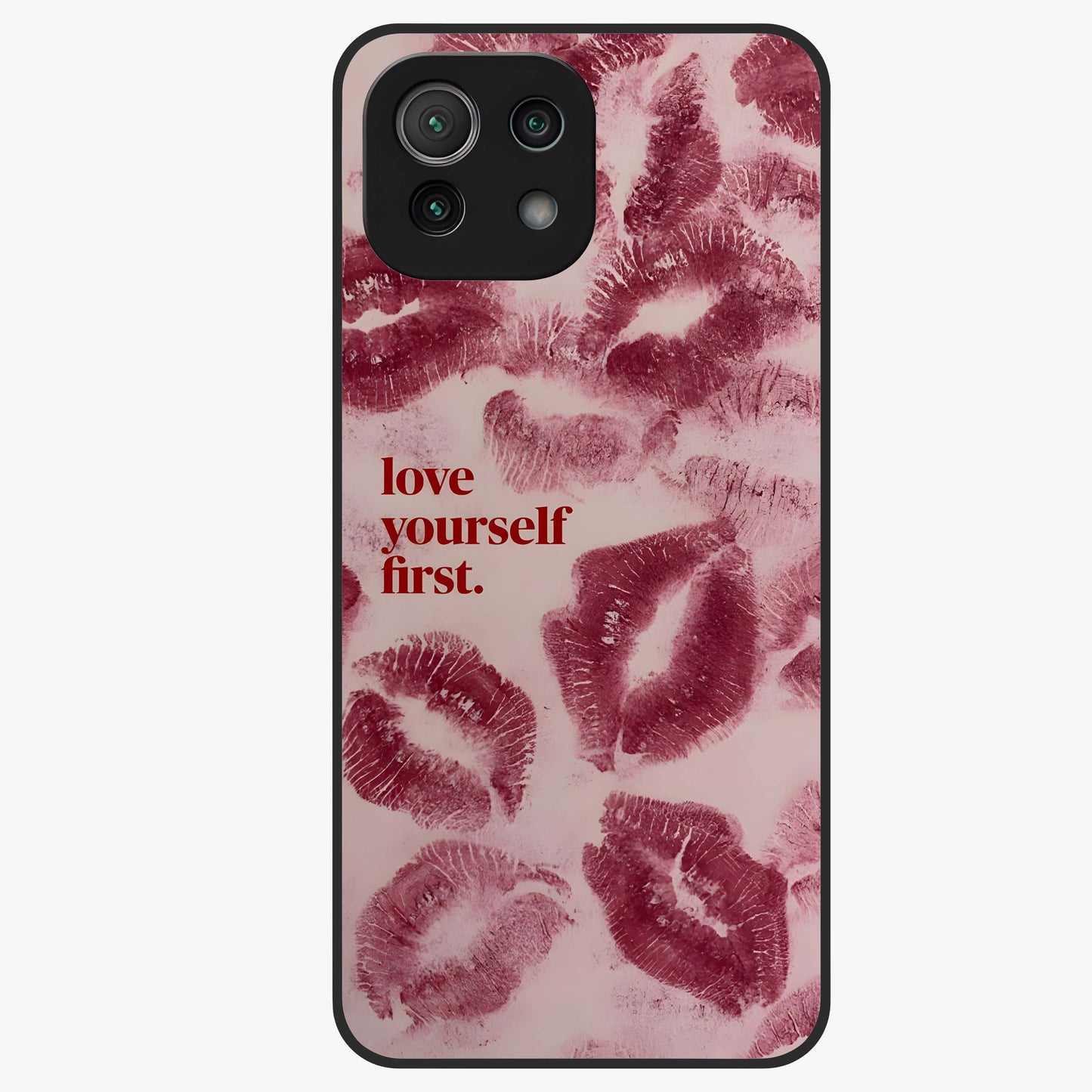 Crimson Kiss Love Glass Case showing flat back view with romantic crimson themed artwork and glossy glass finish.